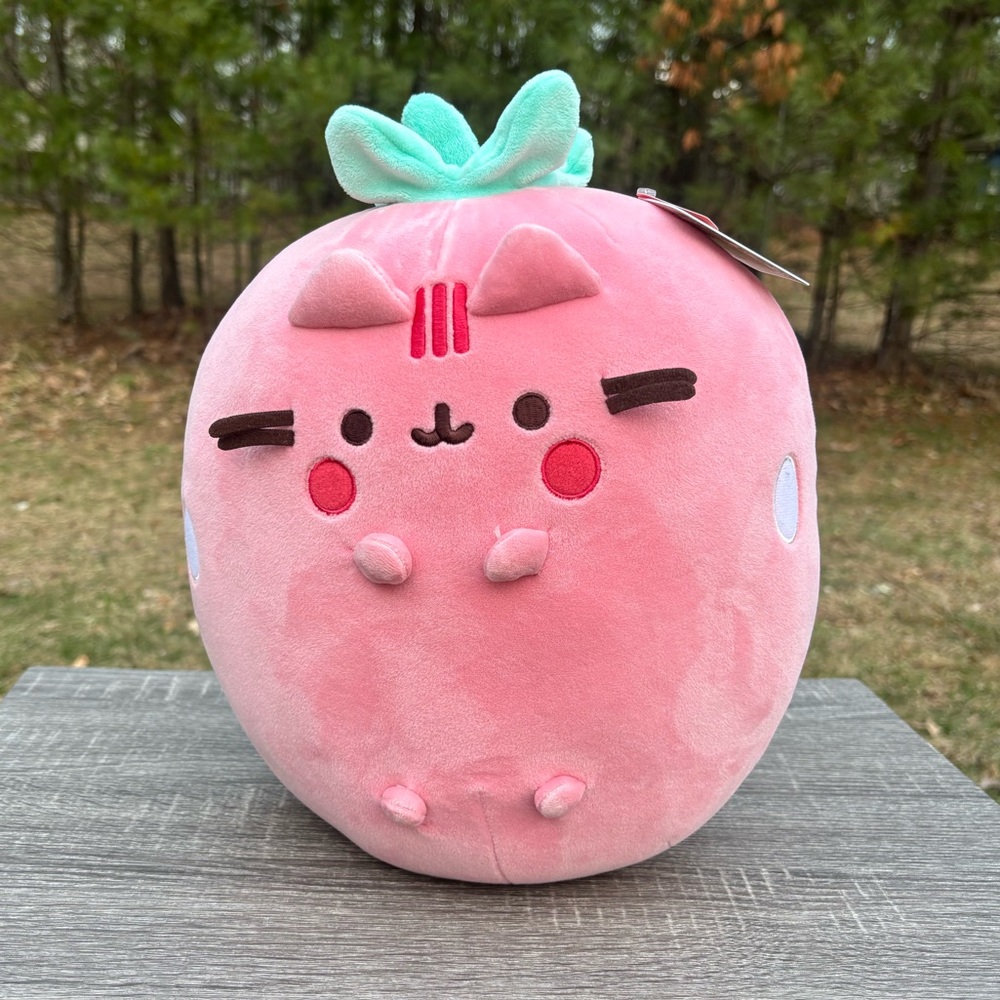 Pusheen Pink Strawberry Plush with Mint Green Leaf Accent